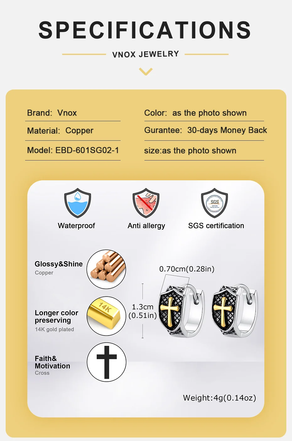 Vnox Kupfer-Schutz Rosenkreuz Huggie Hoop Ohrringe für Männer, Punk Hip Hop Gothic Zweifarbiger Ohrschmuck Religiöser Schmuck Geschenk – Detail 4