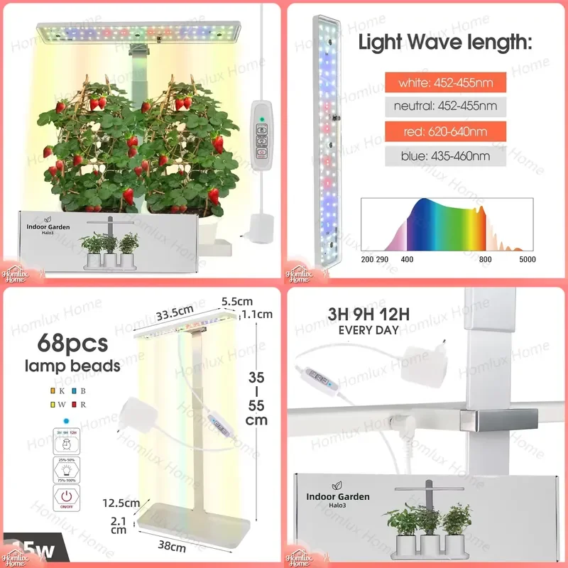 LED Grow Light 56cm Tall Full Spectrum Hydroponic Growing System 37x13cm Tray Indoor Plant Lamp with Auto Timer for Indoor