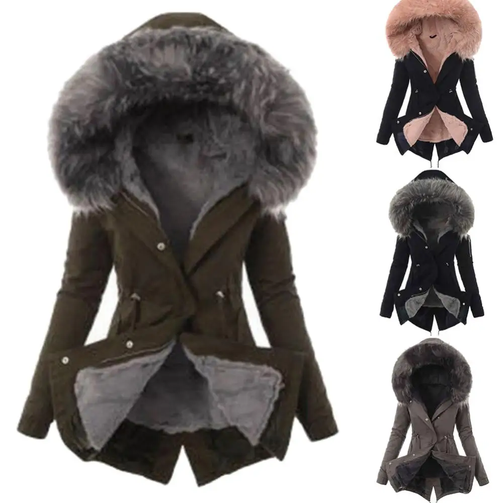 Warm Winter Women Faux Fur Hooded Cotton Down Jacket Casual Outwear Long Overcoat