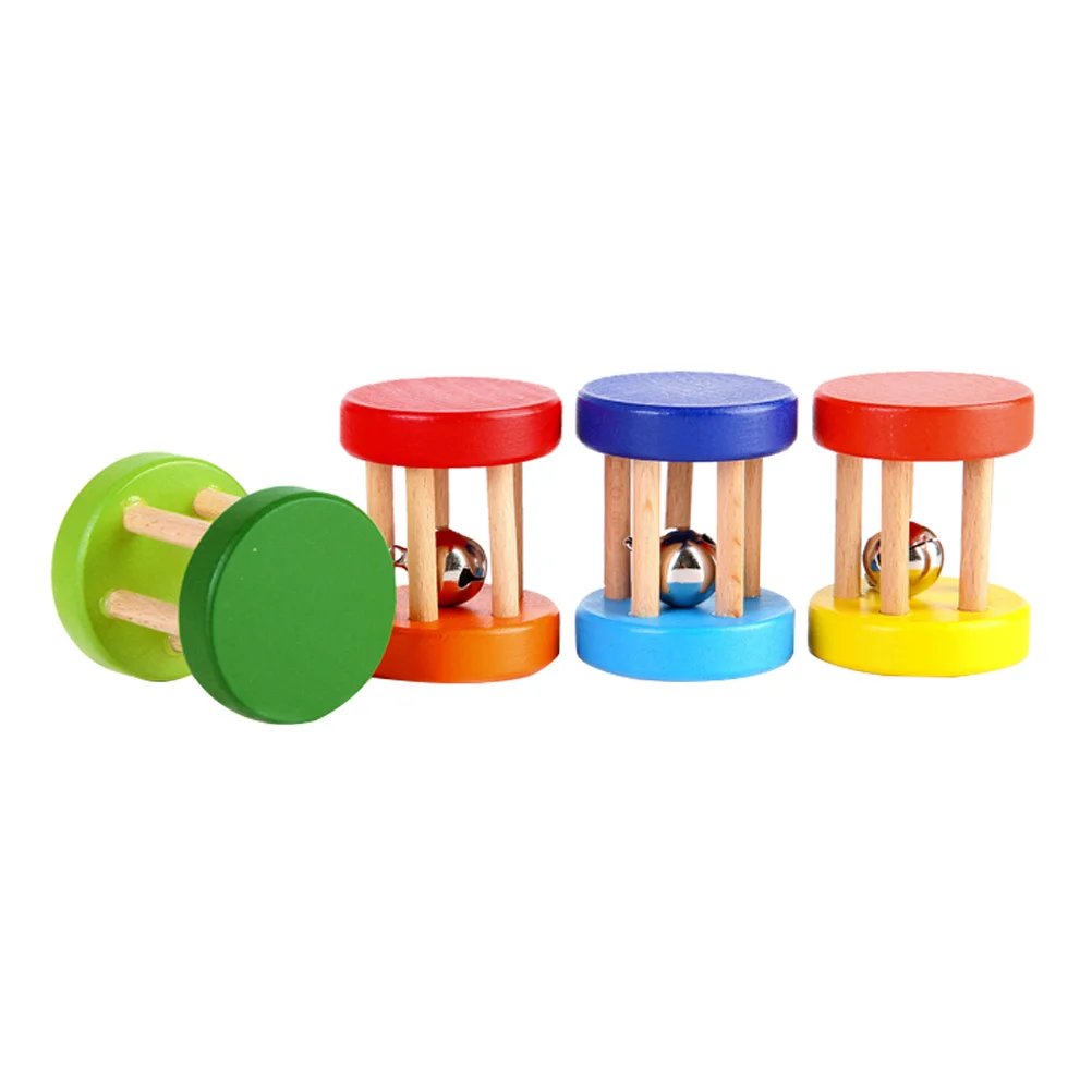 4Pcs Wooden Rattles Baby Educational Playthings Smooth Polished Infant Hand Rattle for Early Learning Hand Eye Coordination
