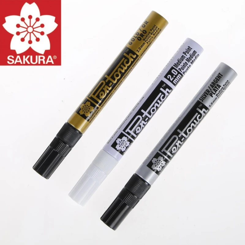 Sakura Permanent Paint Marker 0.7mm/1mm/2mm Waterproof Markers for Tires CD Glass Painting Stationery (Gold Silver White)