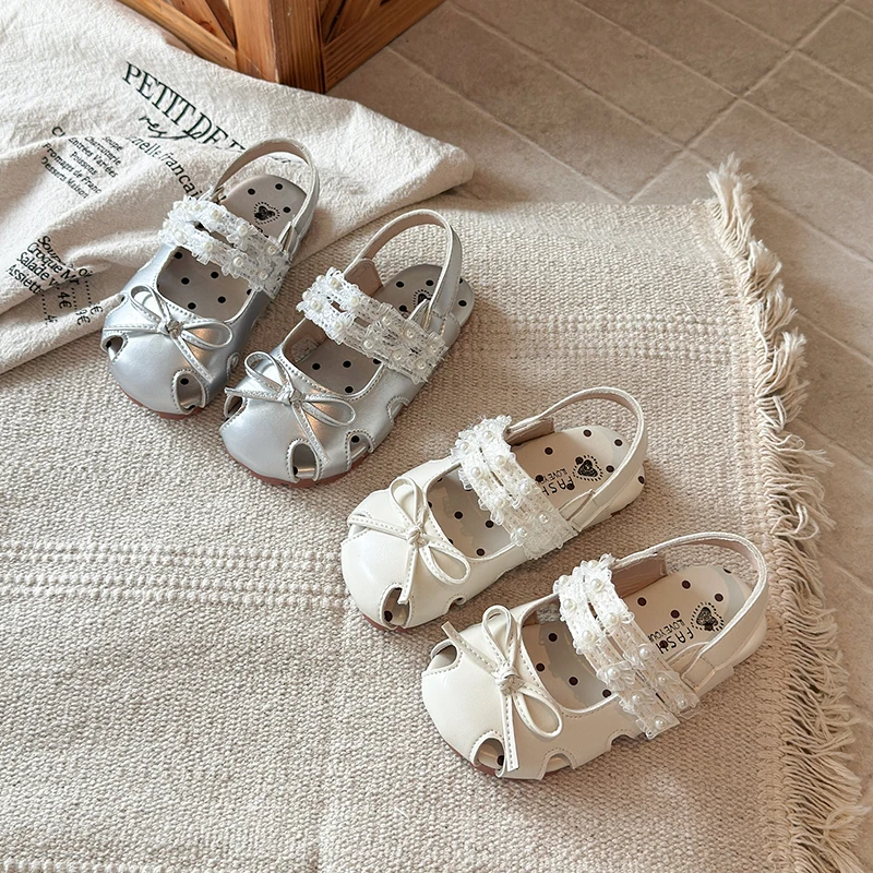 

Girls Lace Pearl Closed Toe Sandals, Bow Decor Hollow Cutout Adjustable Back Strap Soft Non-slip Princess Summer Shoes