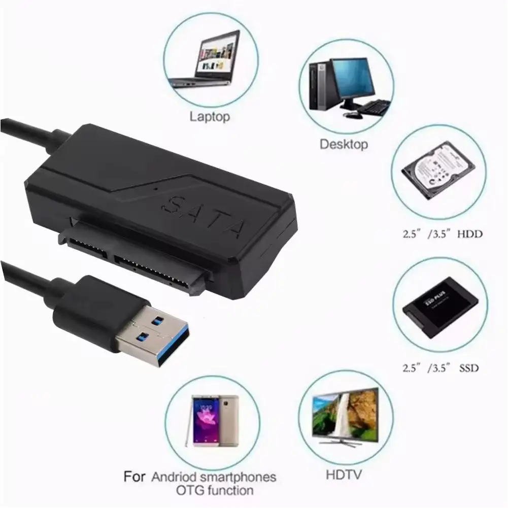 SATA para USB 3.0 cabo adaptador, conversor de disco rígido, suporte UASP, 12V adaptador de energia, 3.5 ", 2.5", SSD, HDD, SATA III