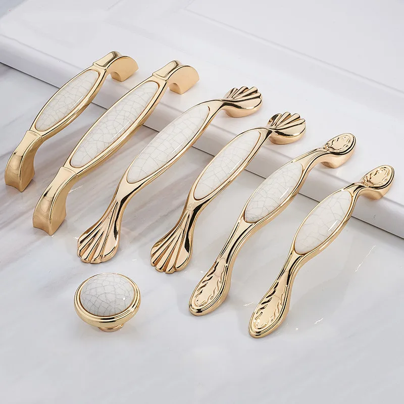 European Creamic Gold and White Cabinet Handles Zinc Alloy Drawer Pulls Kitchen Door Knobs Furniture Handle Hardware