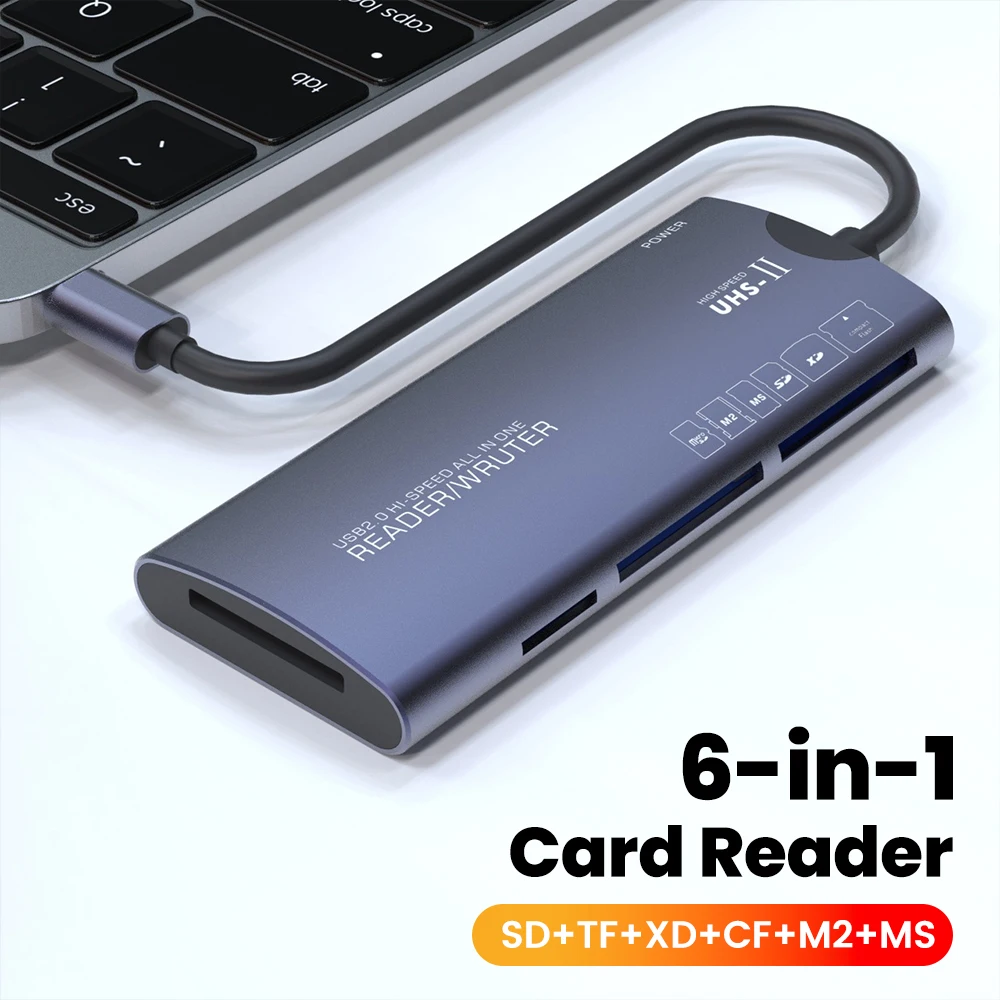 6-in-1 USB/Type-C Card Reader - 480Mbps for SD/TF/XD/CF/M2/MS, LED Light, Durable Cable, Intelligent Chip