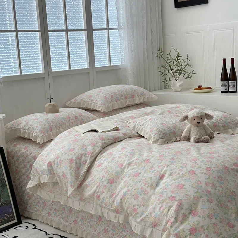 

Korean 100% Cotton Floral Print Quilt Cover Thick Comfortable Duvet Cover with Lace Soft Single Home Textile for 200X230Cm Size