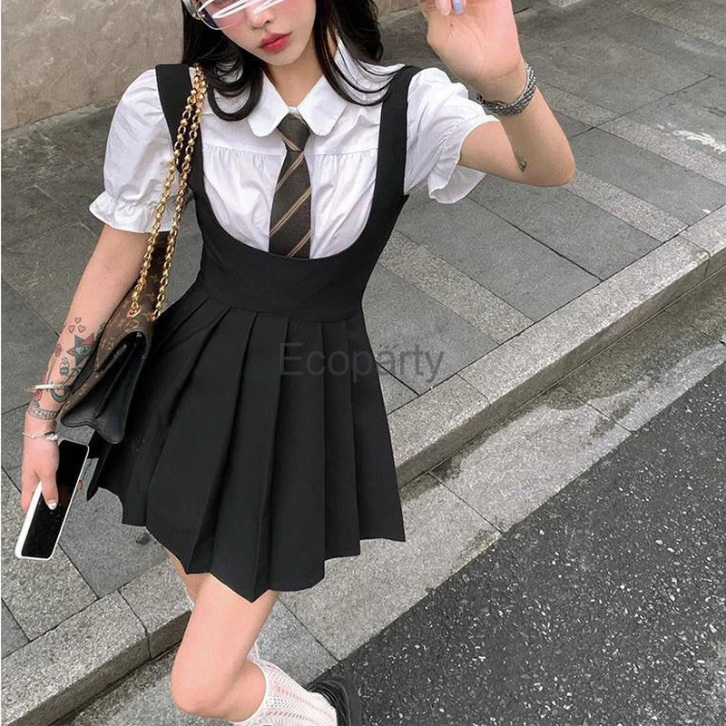 New Women Kawaii Preppy Style High Waist Sleeveless Strap Dress Korea Fashion Jk Uniform Shirt Skirts Black Pleated Mini Dress