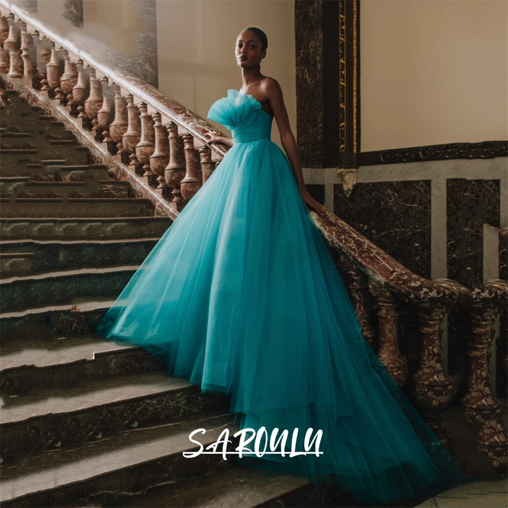 

SAROULU Strapless Tulle Ball Gown Long Evening Dress Sleeveless Pleated Women Formal Prom Party Dresses With Court Train