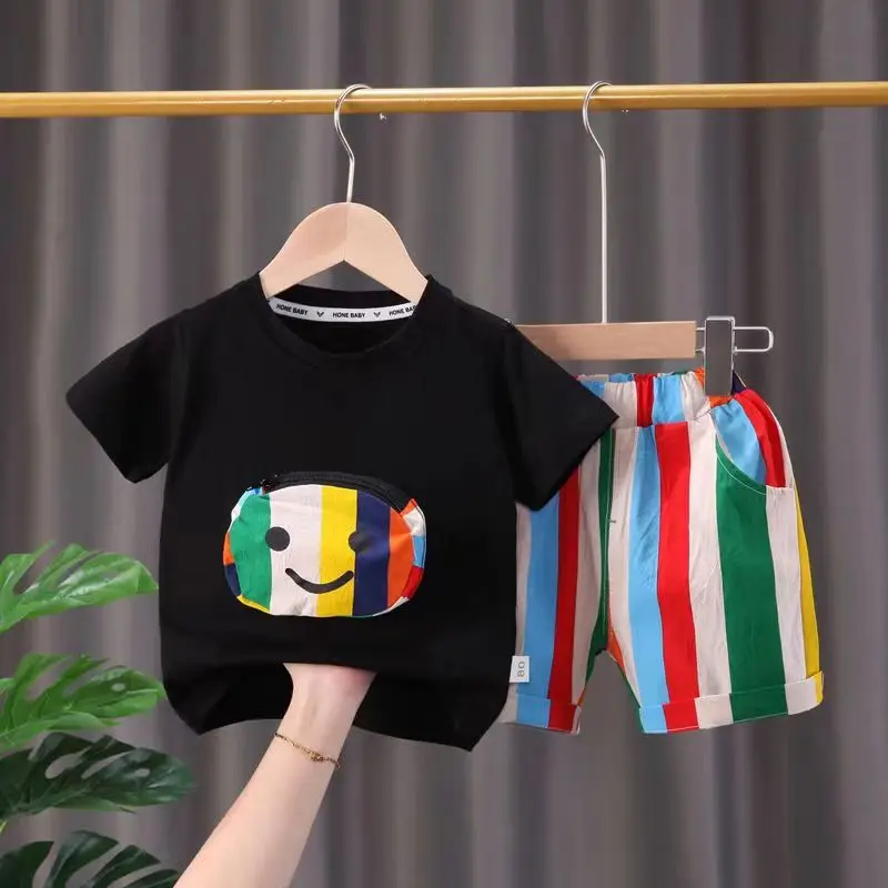 

Kids Boys Clothing Set 2023 Summer New Smiling Face T-shirt Colorful Stripe Shorts Children's Baby Clothing