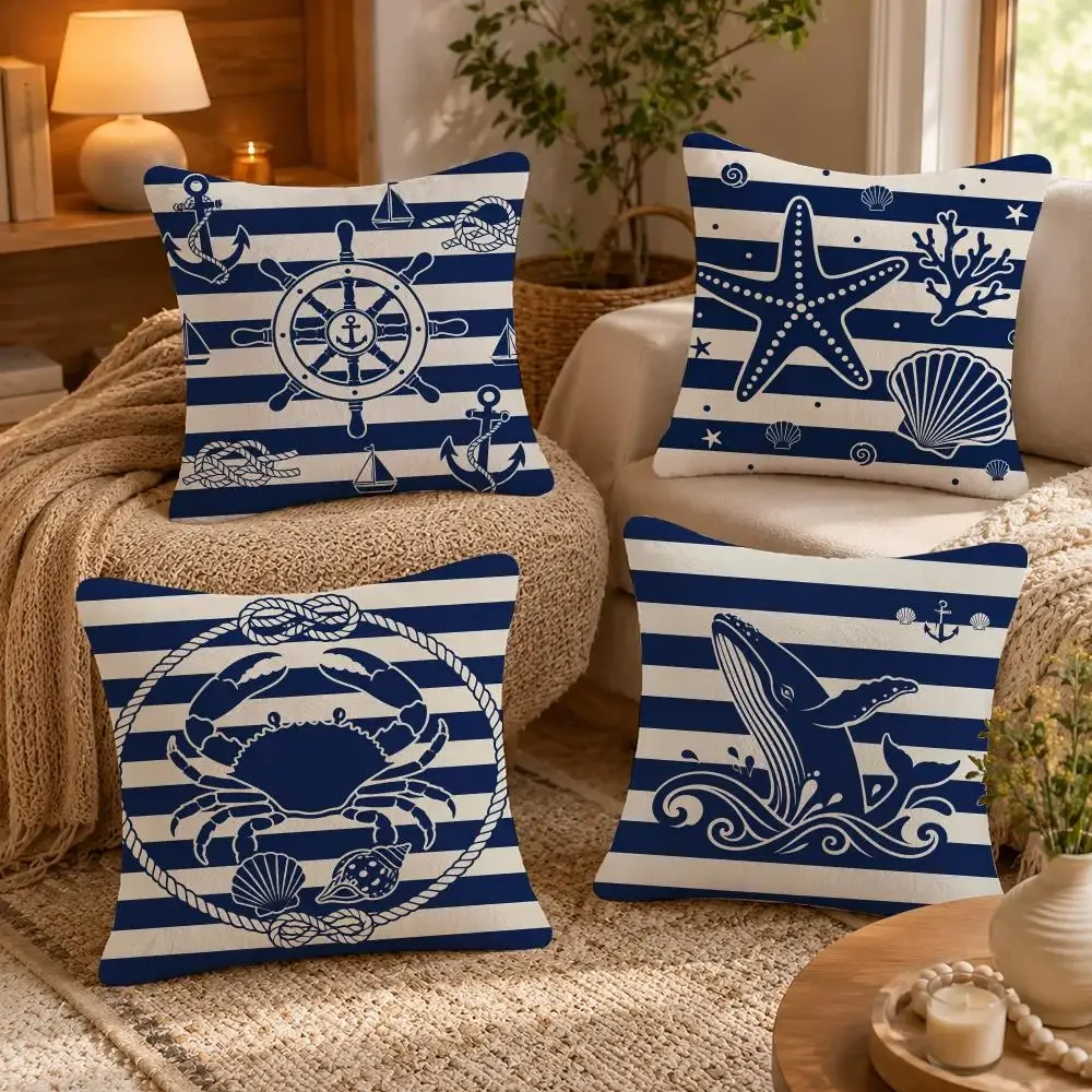 Nautical Ocean Theme Throw Pillow Covers Set Coastal Beach Decor Sailor Anchor Starfish Cushion Case