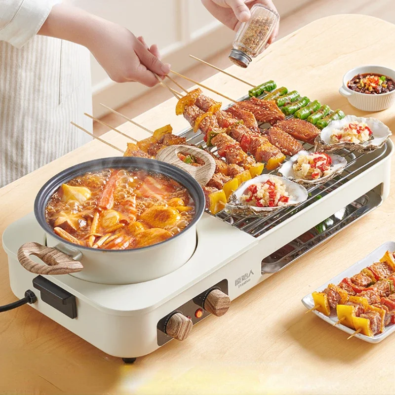 Electric Grill 220V Home Indoor Grill Hot Pot Roast Two-in-one Pot BBQ Plate Electric Baking Tray гриль электрический