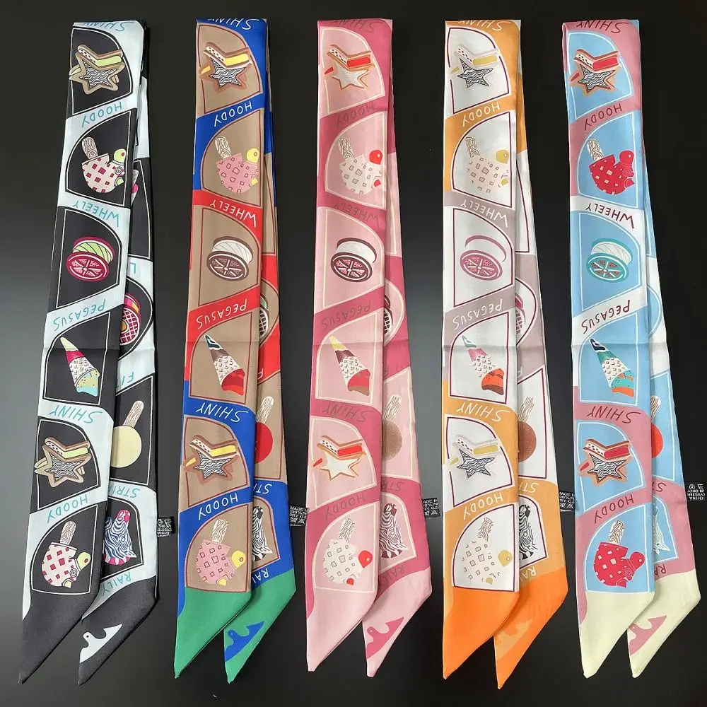 

Retro Bow Ties Long Silk Scarf Printed Ice Cream Plaid Scarf Floral Hair Band Long Ribbon Scarves Women