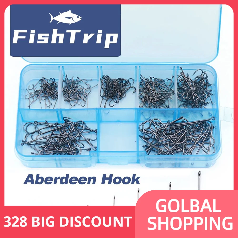 FishTrip 350Pcs Aberdeen Long Shank Fishing Hook with Box Set Live Bait Hook High-carbon Steel Black