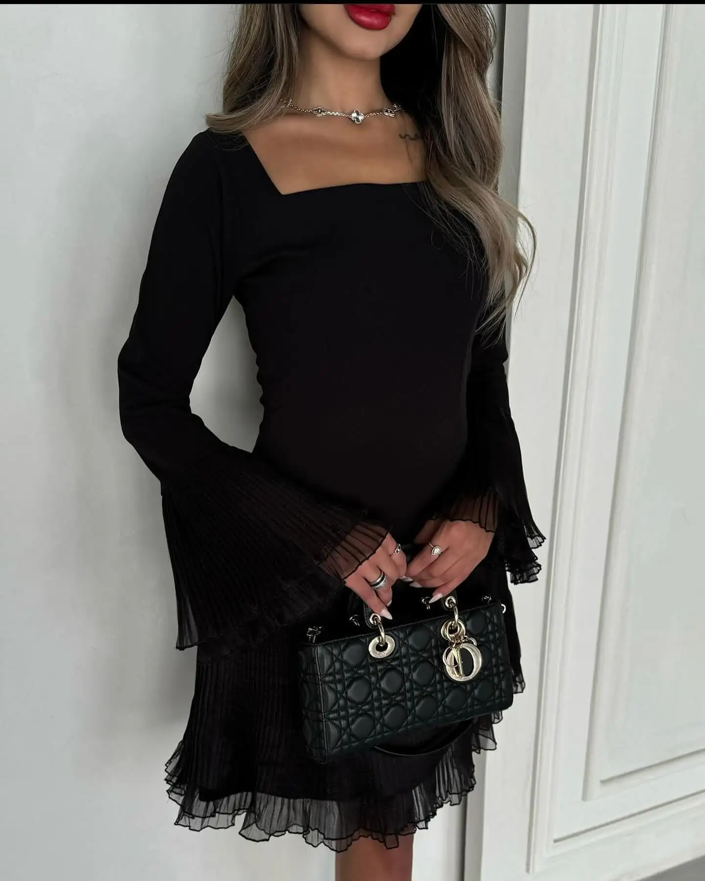 

Adeli Elegant A-line Black Prom Gown Square Neck Long Sleeve customized 2025 Evening Dress Pleated Mini Special Occasion Dresses