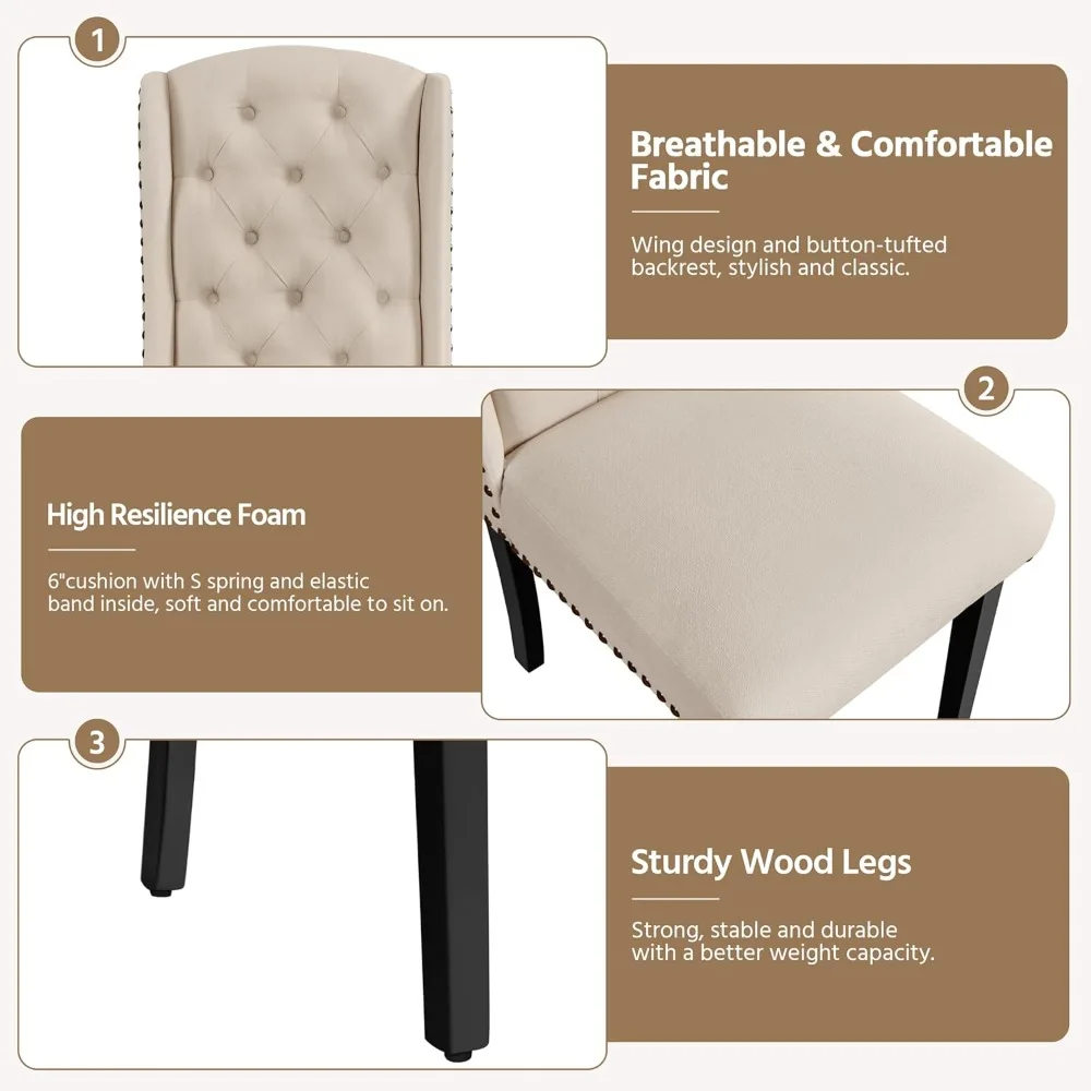 طقم كراسي طعام منجدة مكون من 4 كراسي مطبخ معنقدة بأرجل خشبية صلبة وزخارف رأس الأظافر لغرفة الطعام #4