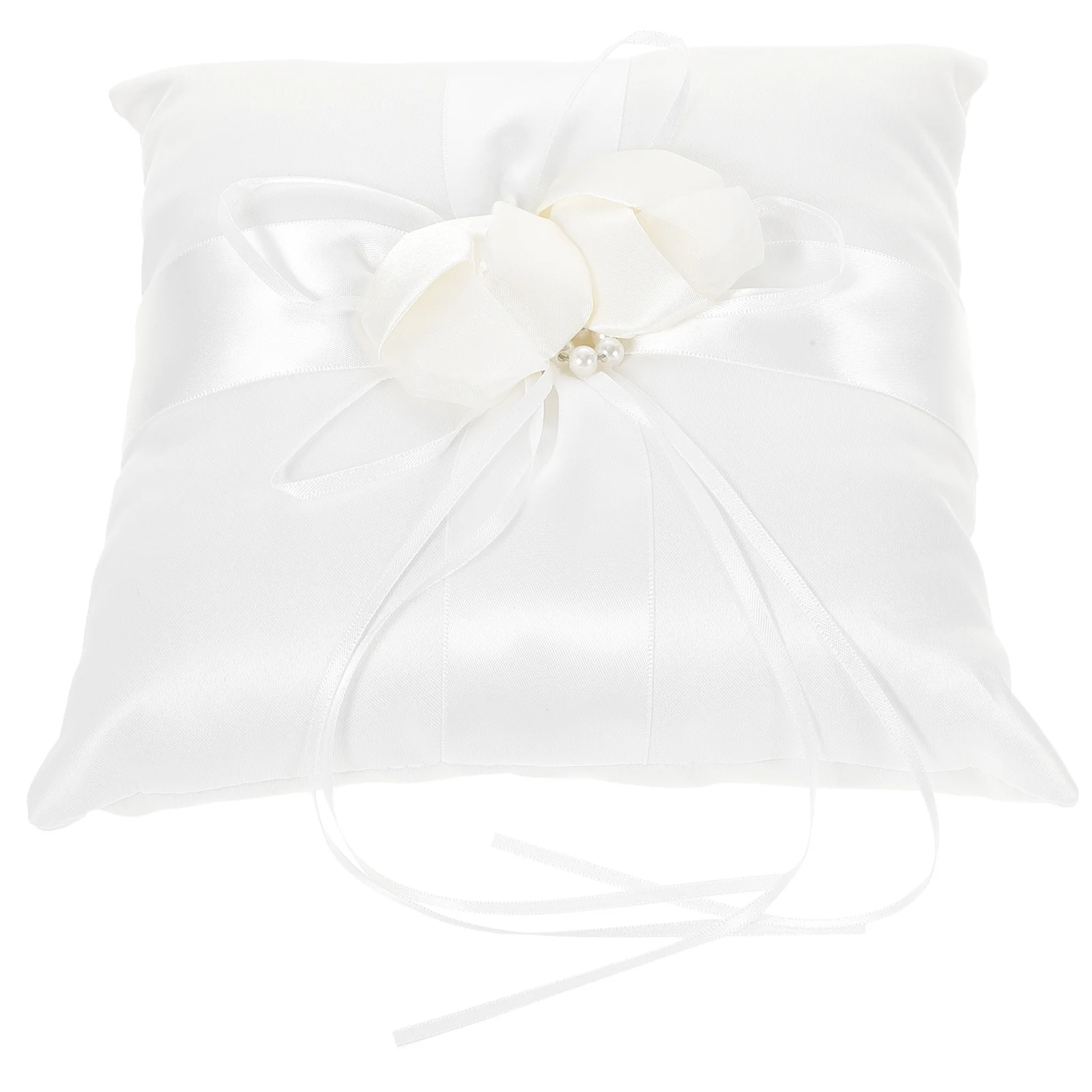 

Flower Buds Ring Pillow 20X20Cm White Satin Ribbon Pearl Decor Wedding Ceremony Compact Lightweight Holder For Ring Bearer
