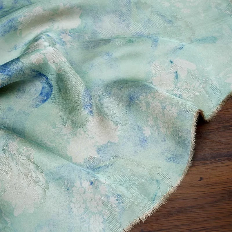 Aqua Green Xiangyunsha Hualuo Fabric Large Floral Jacquard Qipao Dress Chinese Blouse Pastel Summer Vintage Textile view 4