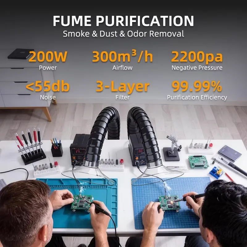 DX1002 Dual-Arm 200W Fume Extractor&Solder Fume Absorber for Electronic Soldering and Small Laser Marking Workshop Odor