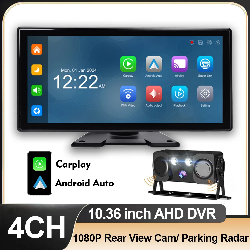 

10.36 Inch Vehicle DVR Carplay Android Auto With 1080P LED Rear View Camera Parking Radar Sensor Detector BiBiBi For Truck RV