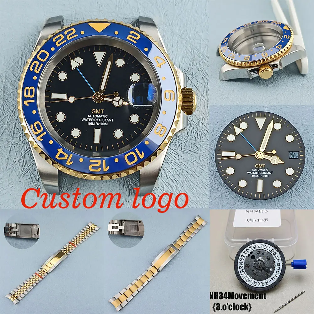 Funda de reloj de doble dirección GMT NH34, 40mm, se adapta a la GMT NH34, movimiento automático, caja de acero inoxidable, 10bar, resistente al agua