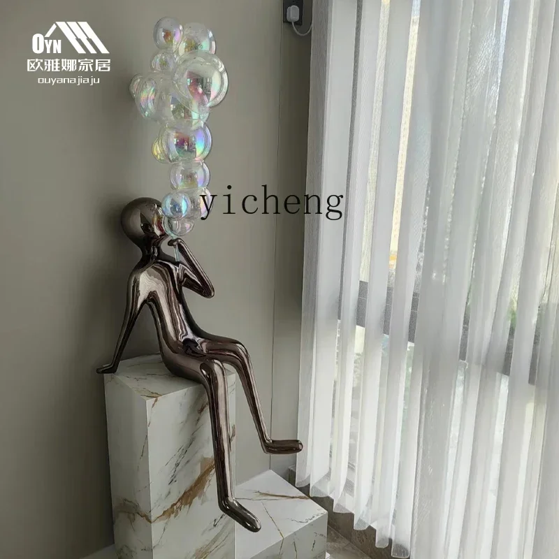 B1 Modern Abstract Floor Figure Blowing Bubble Sculpture Cartoon Soft Decoration Art Installation Ornament