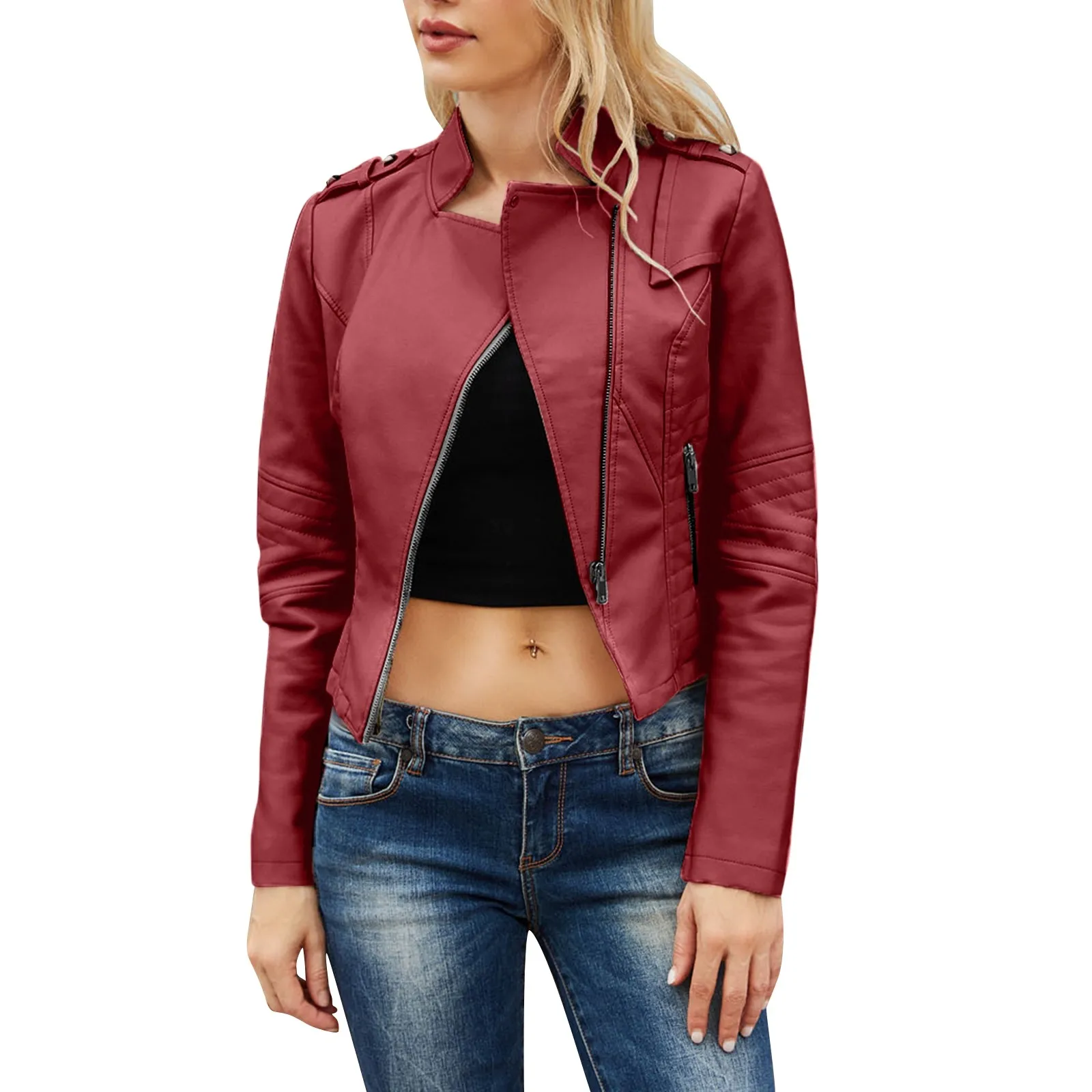 Women'S Zipper Leather Jackets Fashion Sexy Cool Slim Spring And Autumn Small Coat Trend Motorcycle Style Faux Leather Jackets