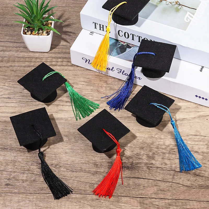 10Pcs Mini Graduation Hat Doctoral Cap with Tassel Cupcake Bottle Topper Decor Graduation Party Flowers Cake Gift Decoration