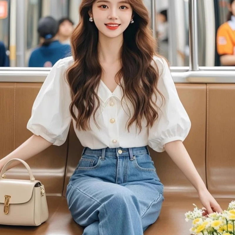 Chemisiers blancs pour femmes, chemises coréennes, mode Slim Fit printemps/été, vêtements de bureau pour dames, couleur unie, manches courtes, hauts pour femmes