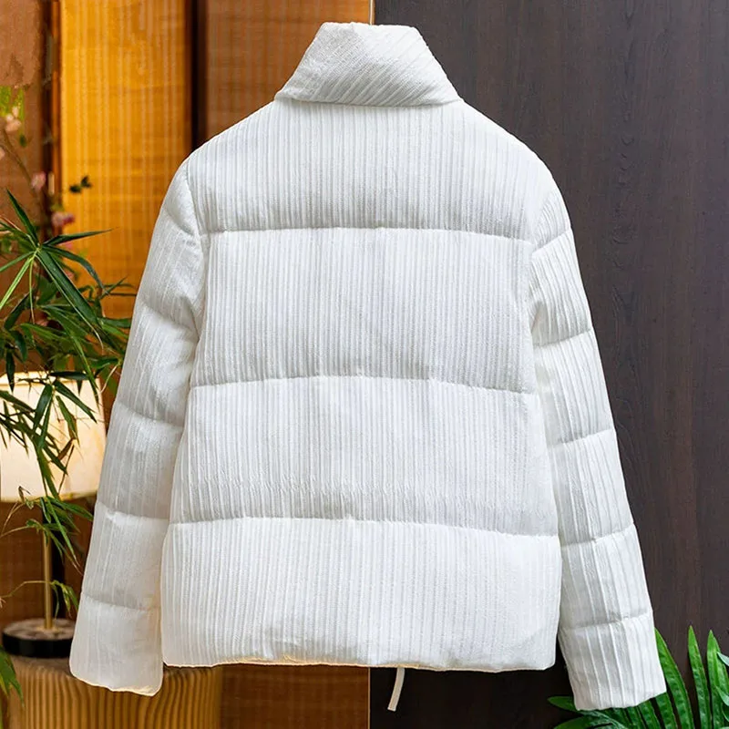 여성용 흰색 짧은 코트 중국 스타일 V넥 다운 코튼 패딩 재킷 겨울 신상 탑 우아하고 고급스러운 캐주얼 두꺼운 아우터 여성