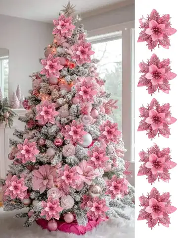 Pink Christmas Glitter Artificial Flowers Xmas Tree Toppers Ornaments Christmas Decorations for Home 2025 Gifts Navidad New Year
