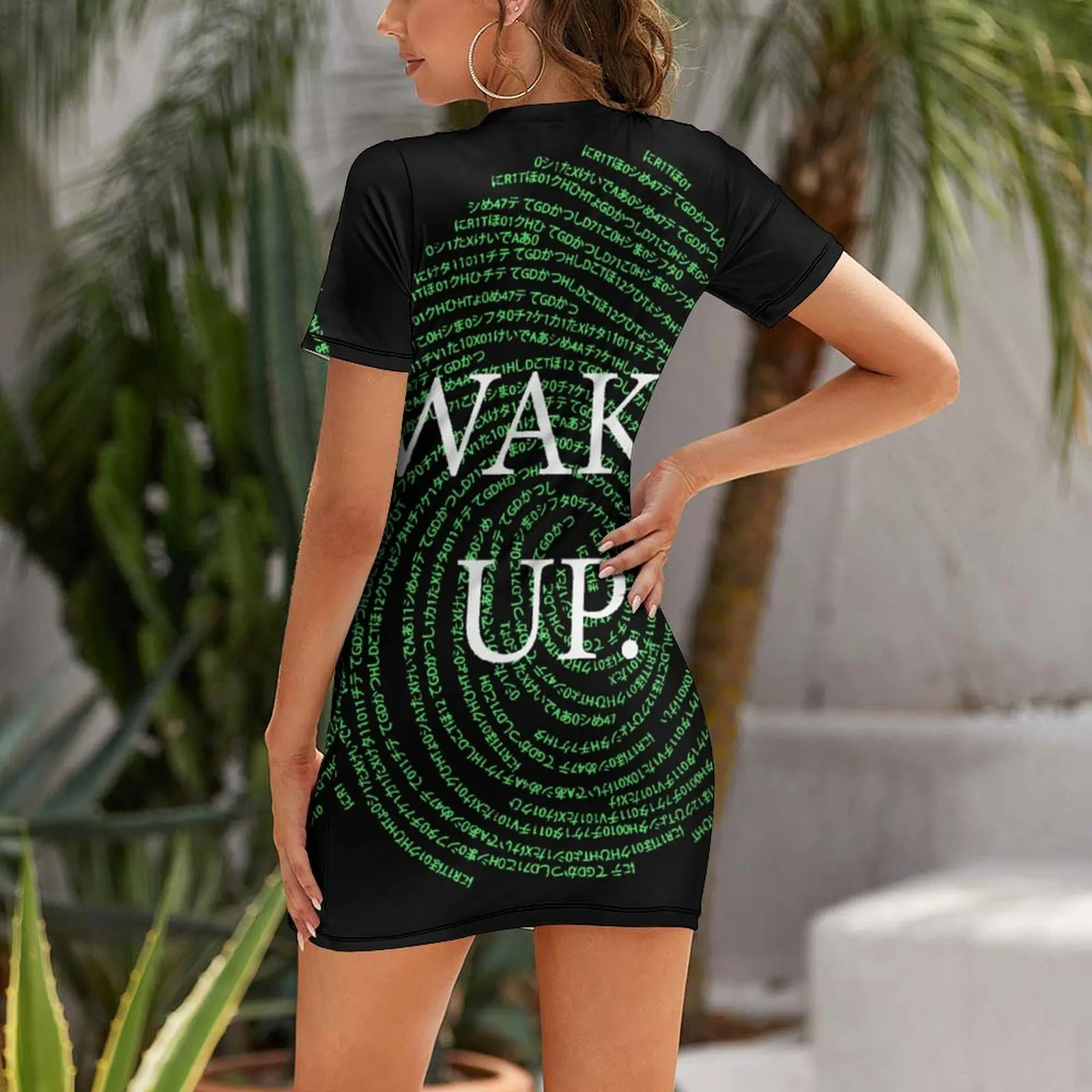 Wake Up NEO MATRIX Code Fingerprint Essential T S Short Sleeved Dress Cute Sexy  Woman's Dress Humor Graphic  Vacations Suspende