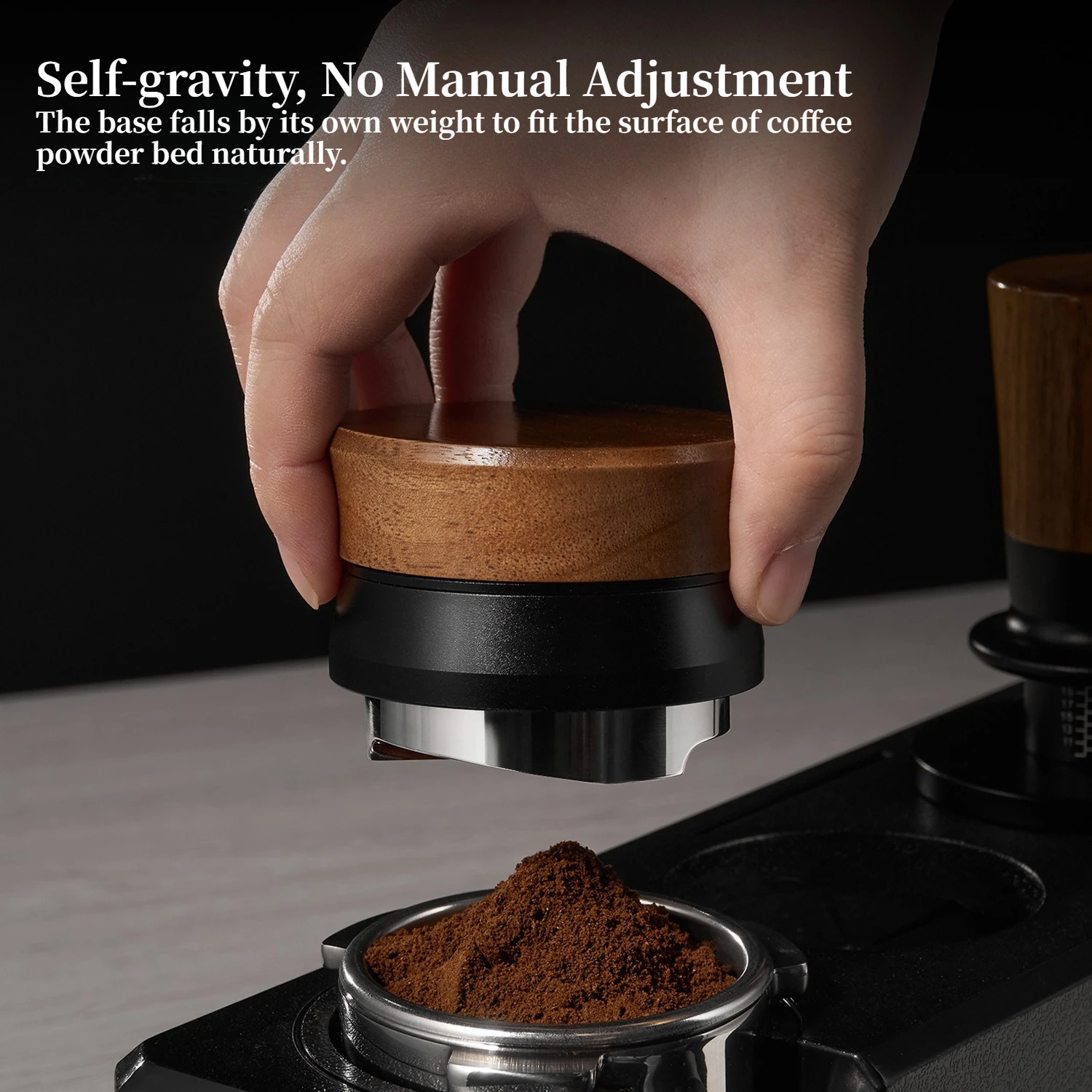Walnut Wood Self-Leveling Coffee Distributor, Auto Height Adjust Stainless Steel Espresso Tamper 51/53/58mm