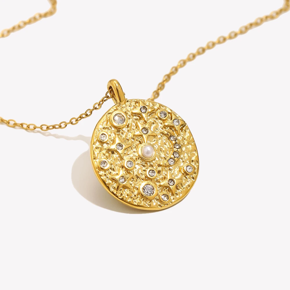 E.B.belle Design Elegant Pearl Crystal Moon Star Necklace Vintage Irregualr Surface Stainless Steel Coin Necklace For Women