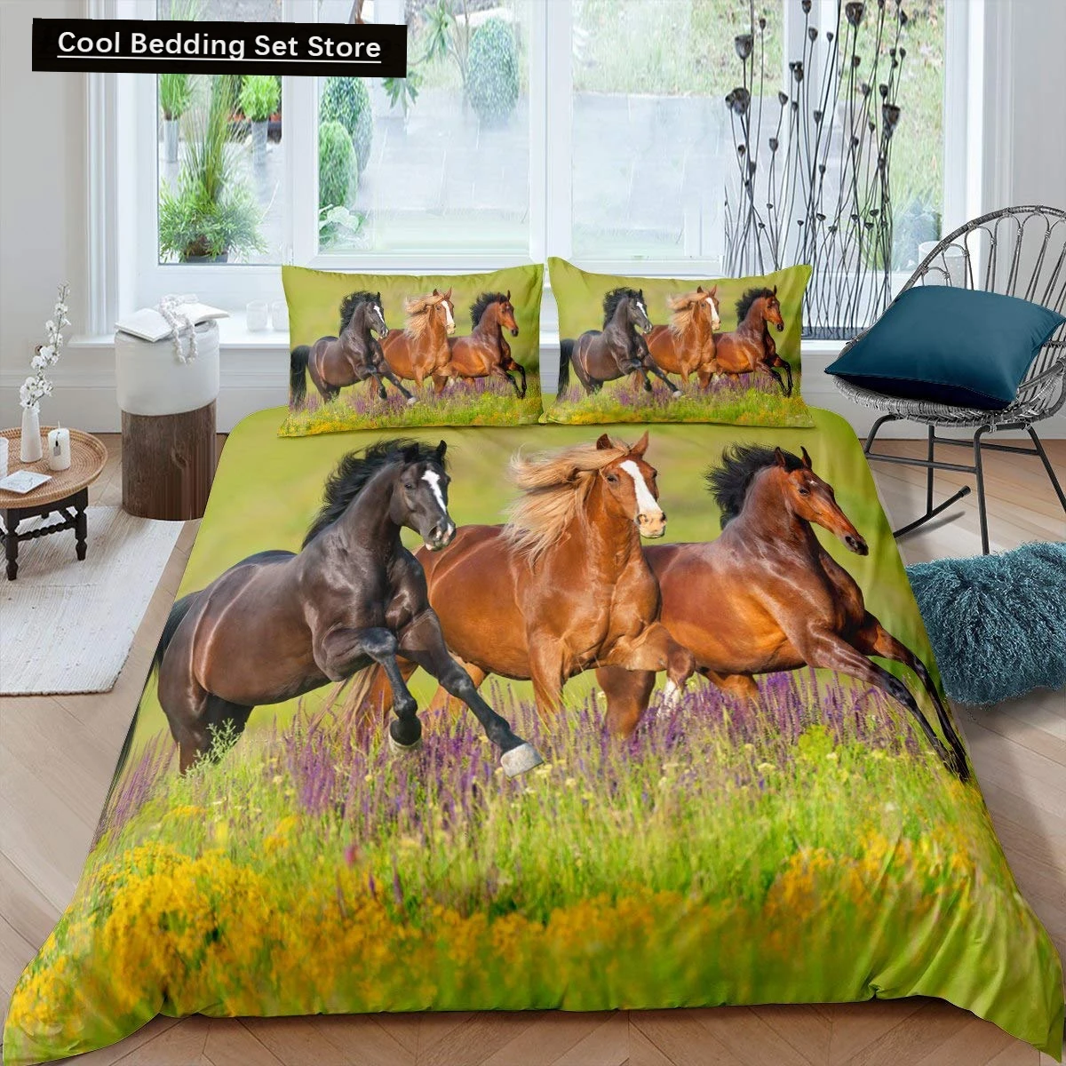 

Horse King Queen Bedding Set 3D Galloping Horse Duvet Cover Animal Spring Wildflower Quilt Cover Green Polyester Comforter Cover