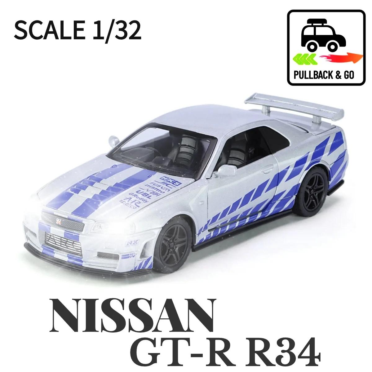 

1:32 Nissan GT-R R34 Pullback Car Toy with Lights Engine Sound, Metal Diecast Car Model Scale Replica Gift Kid Boy Toy