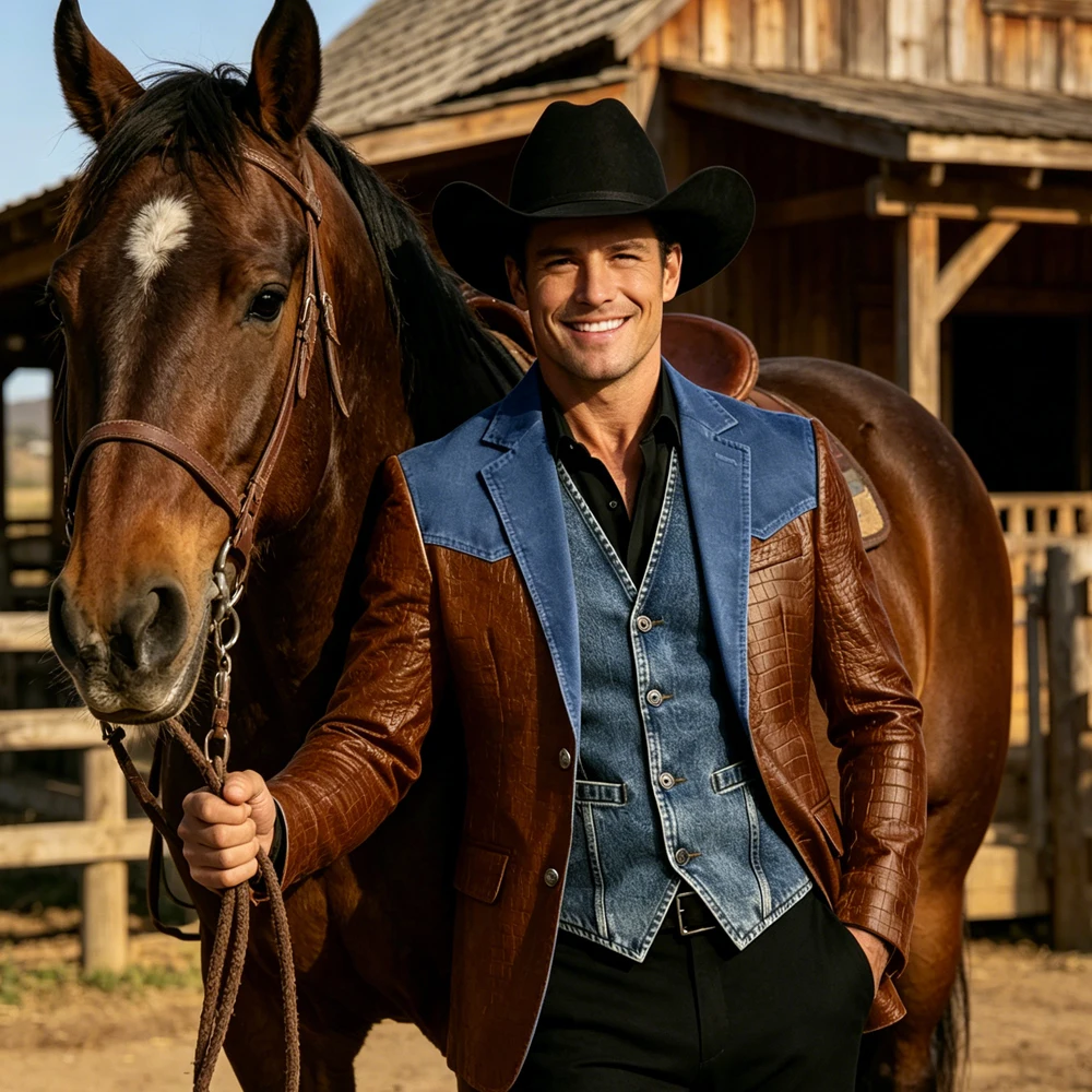 Men's Blazer Luxury Crocodile Embossed Leather Patchwork Denim Suit Jacket Notched Lapel Western Cowboy Party Casual Streetwear