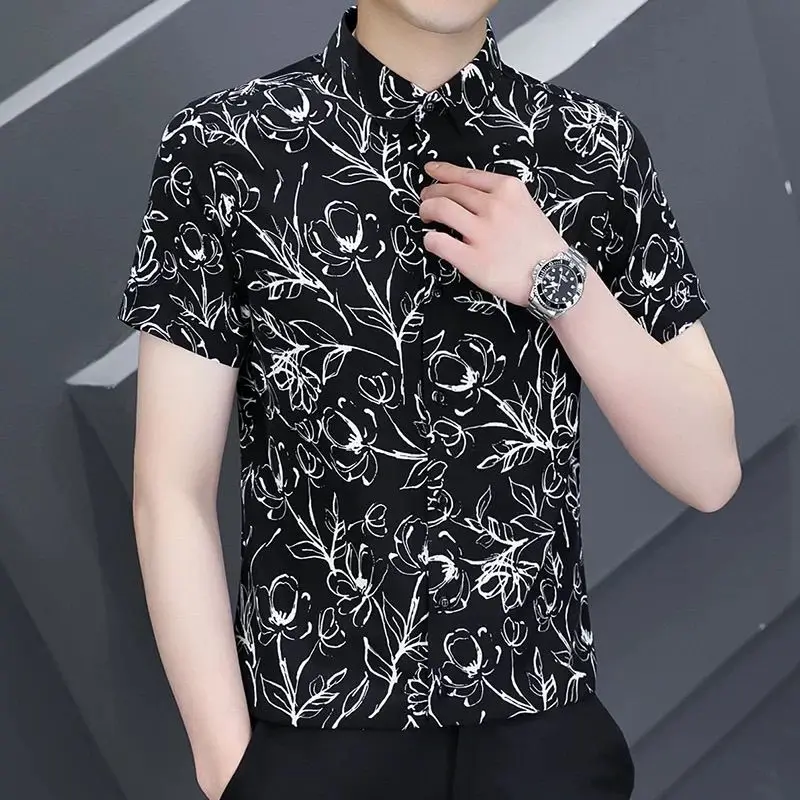 Printed Men's Short-sleeved Shirt Trendy Korean Version Without Ironing Thin Slim Fit and Casual New Shirt