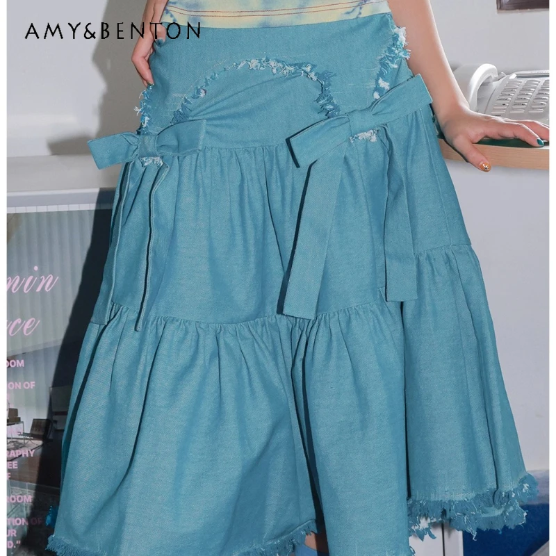 

2025 Autumn New Blue Bow Tassel Splicing Women's Cake Skirt Original Design Loose Slimming Versatile Denim A-line Skirts Ladies