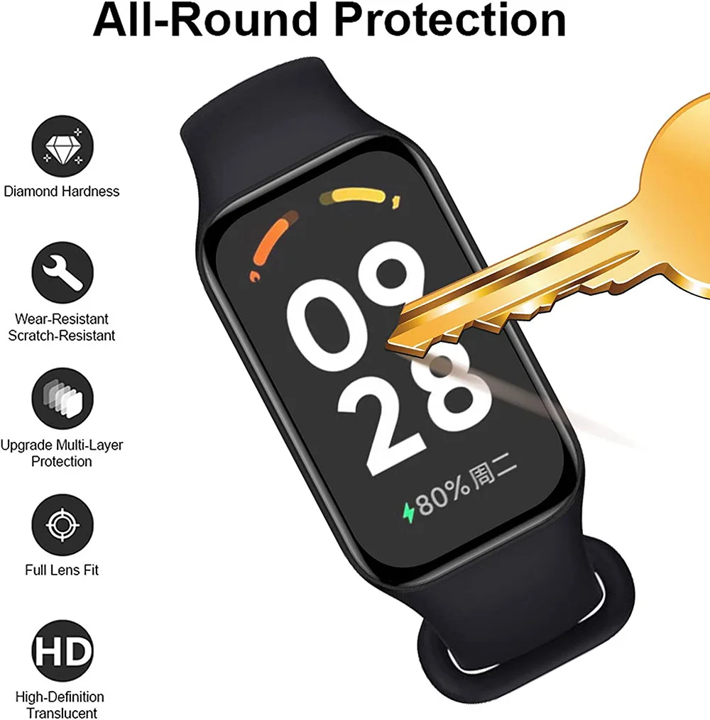 غشاء واقي ثلاثي الأبعاد ذو حافة منحنية ، واقي شاشة لنطاق شاومي 8 ، تغطية كاملة نشطة ، شريط ريدمي 2