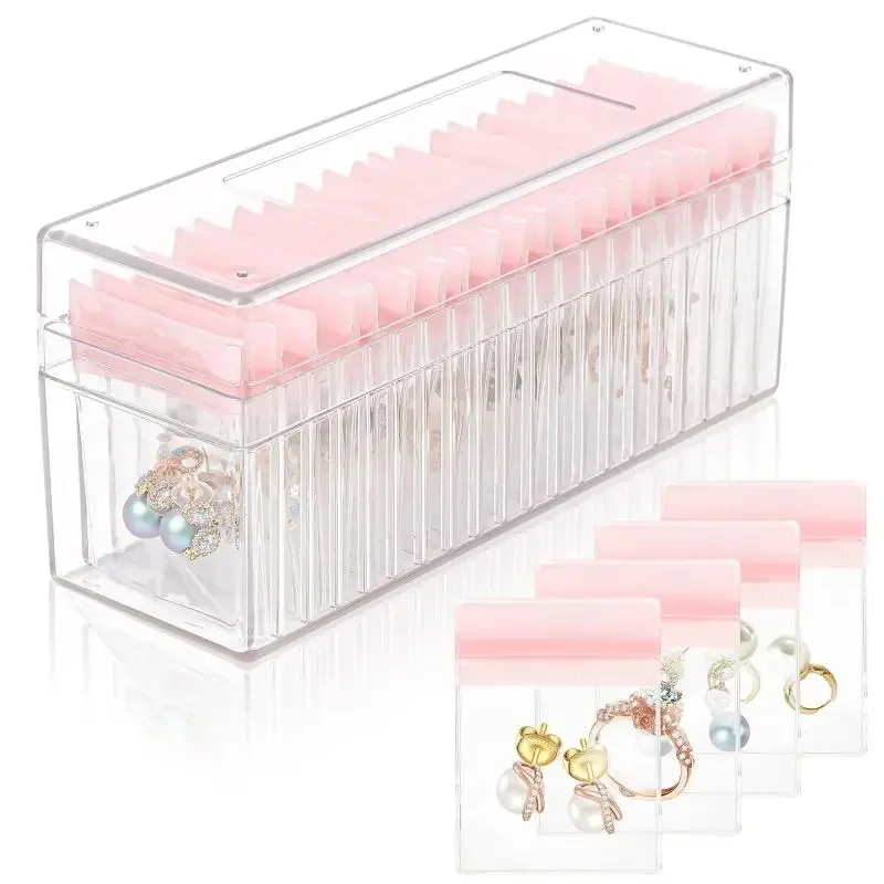 Acrylic Jewelry Box Organizer With 20 Portable Anti Tarnish Jewelry Bags Transparent Waterproof Earring Jewelry Storage Box