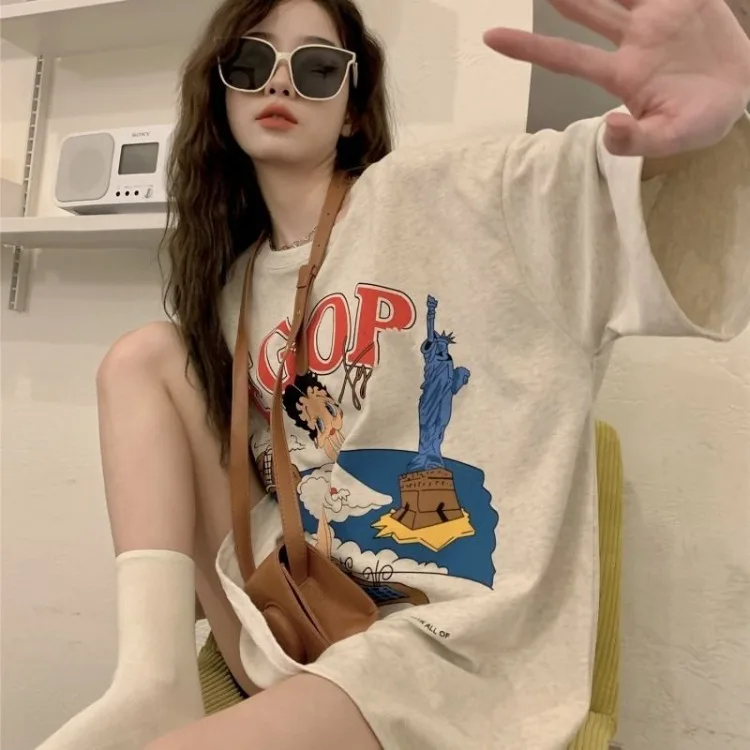 Oversized Cartoon Printed T-shirt Women 2024 Spring Summer Mid-length Tee Shirt Y2k Harajuku Half Sleeve Loose Female Tops