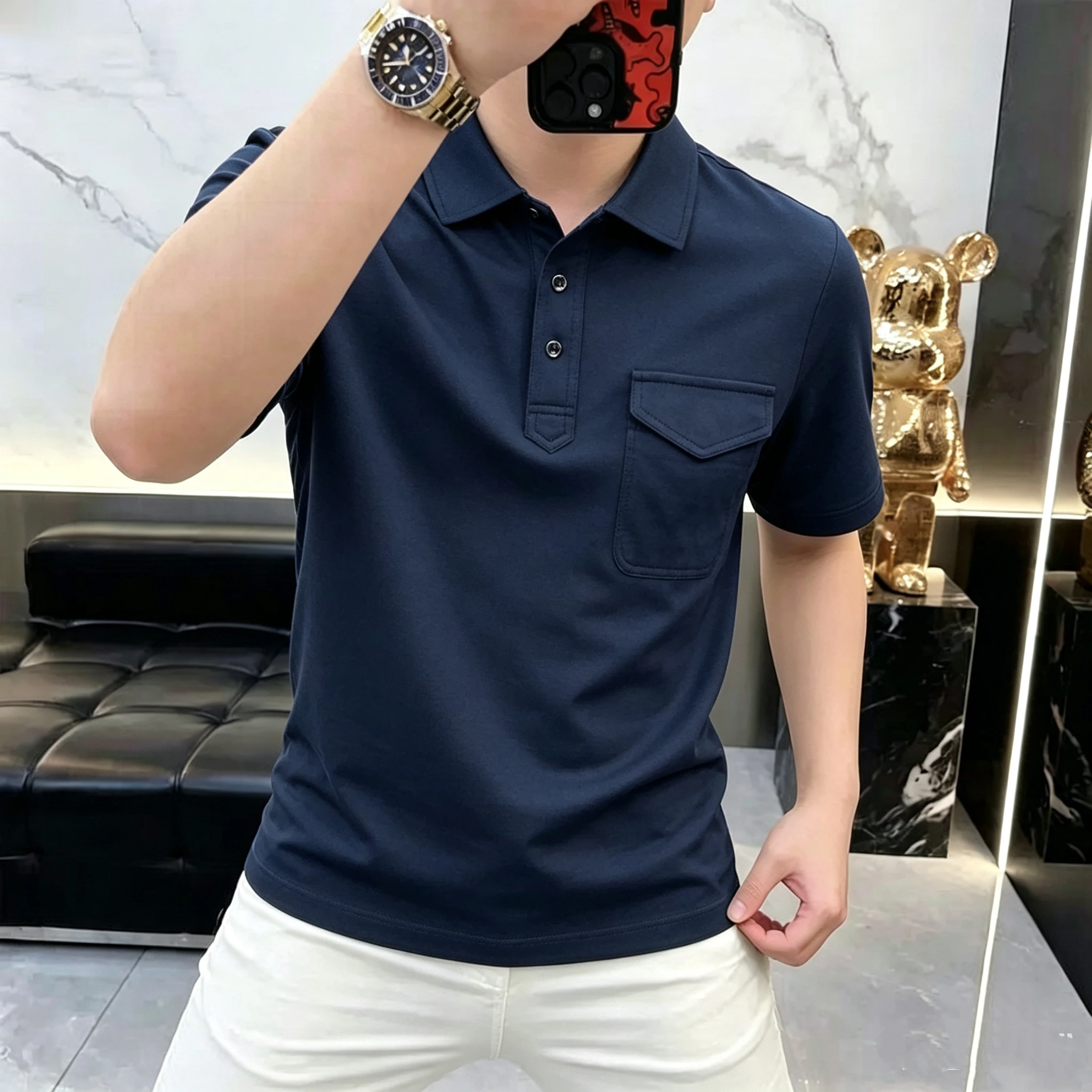 Summer New Style Men's Washed Cotton Moisture-Wicking Breathable Short Sleeve with Pockets