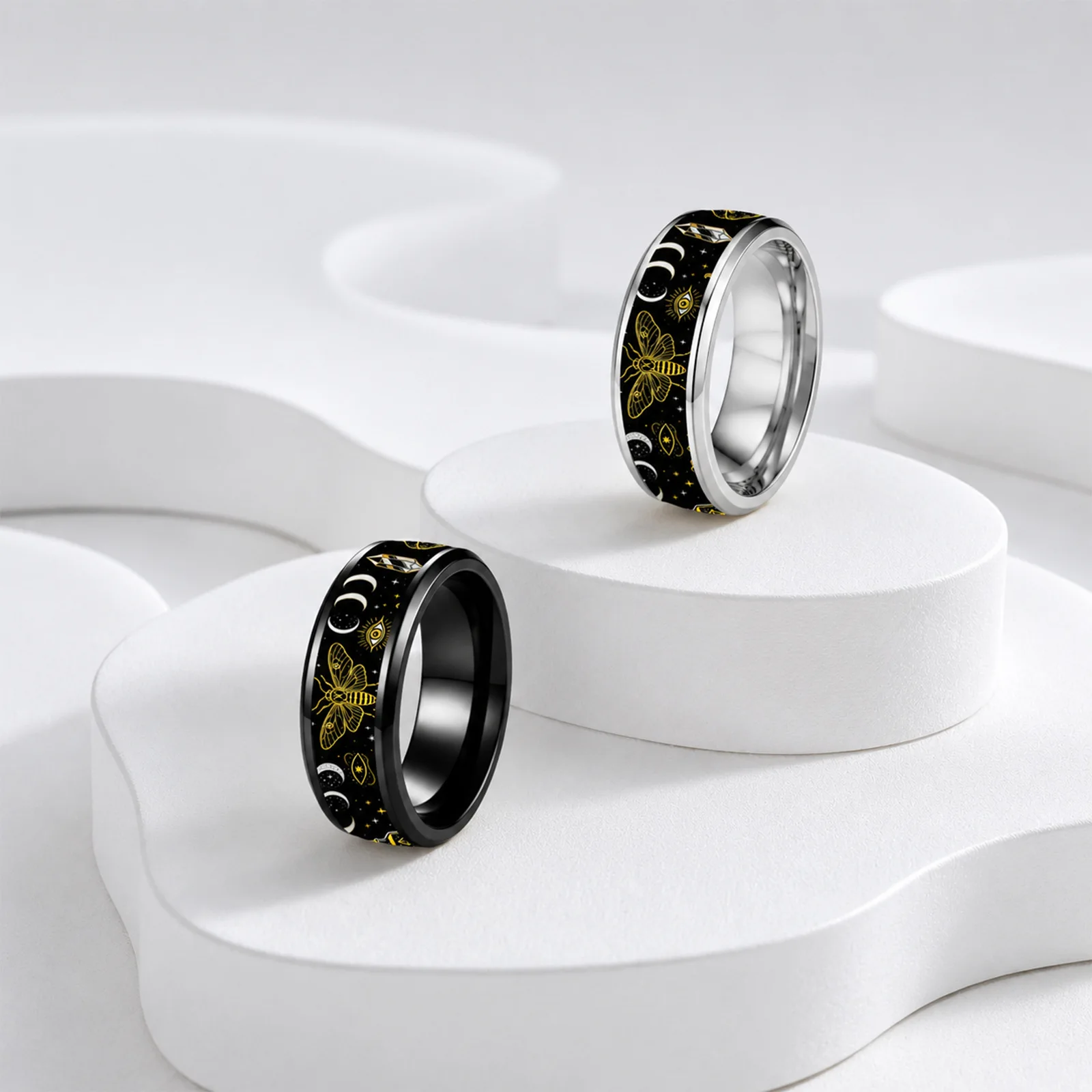 2Pcs/Set 8MM Dark Style Stainless Steel Rings Set Polished Unique Double Beveled Black And White Gothic Stainless Steel Ring