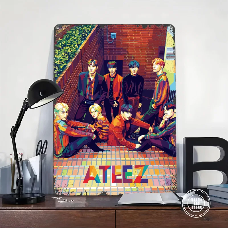 ATEEZ Group Portrait Pop Art Poster Customized Wall Art Vintage Metal Signs Retro Tin Plaque for Man Cave Decoration At Home