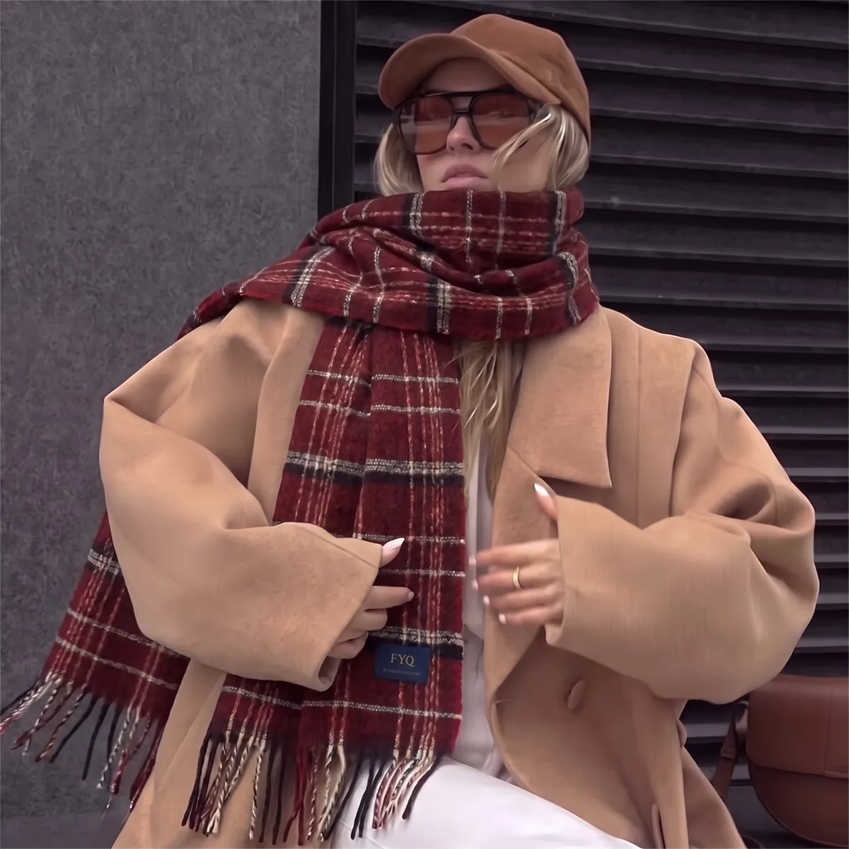 Retro Burgundy Plaid Scarf With Long Tassel Thick Soft Imitation Wool Fabric Neck Wrap For Autumn Winter Coat Daily Matching