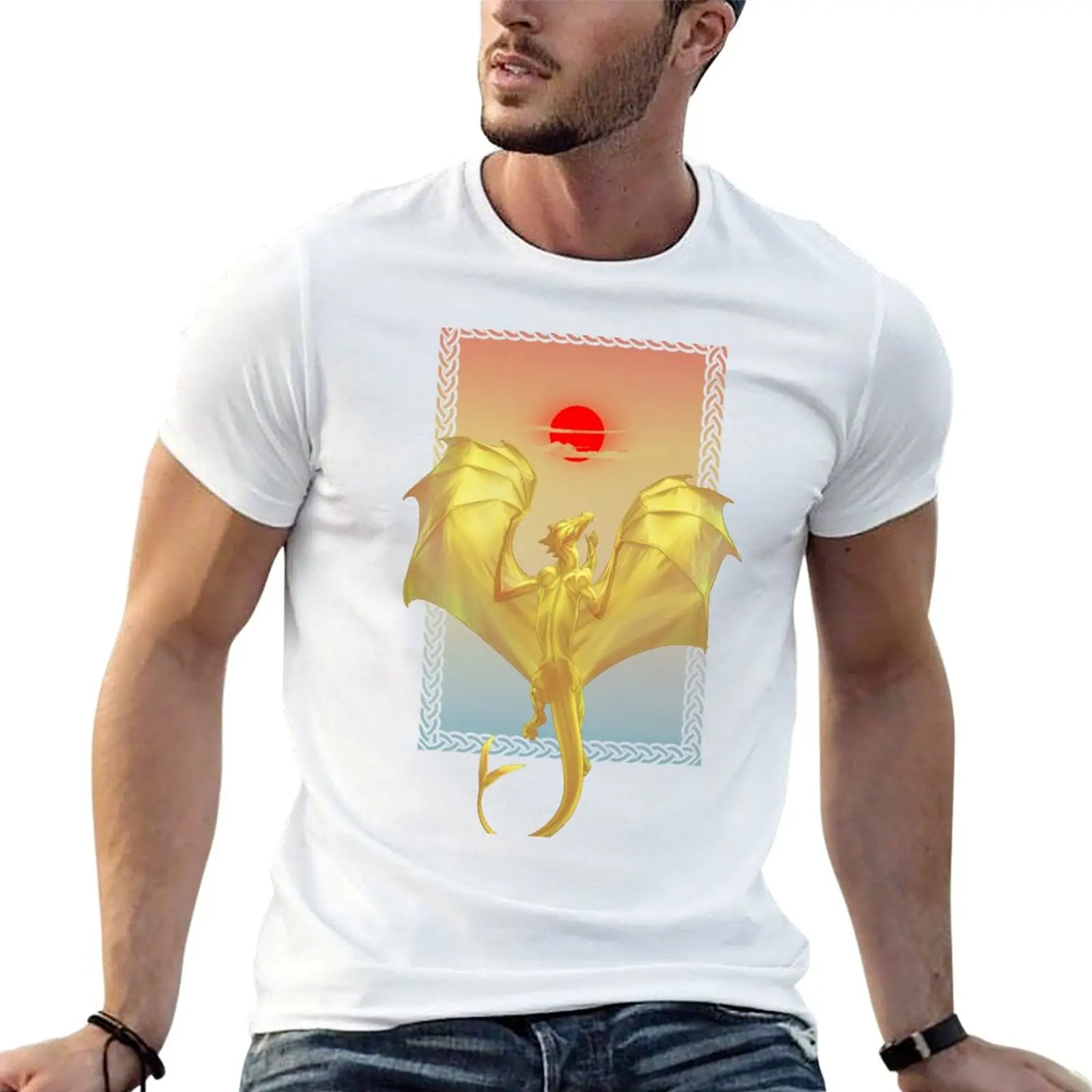 Sunset and a Golden Dragon with a celtic knotwork frame T-Shirt Work Style Casual T-Shirt
