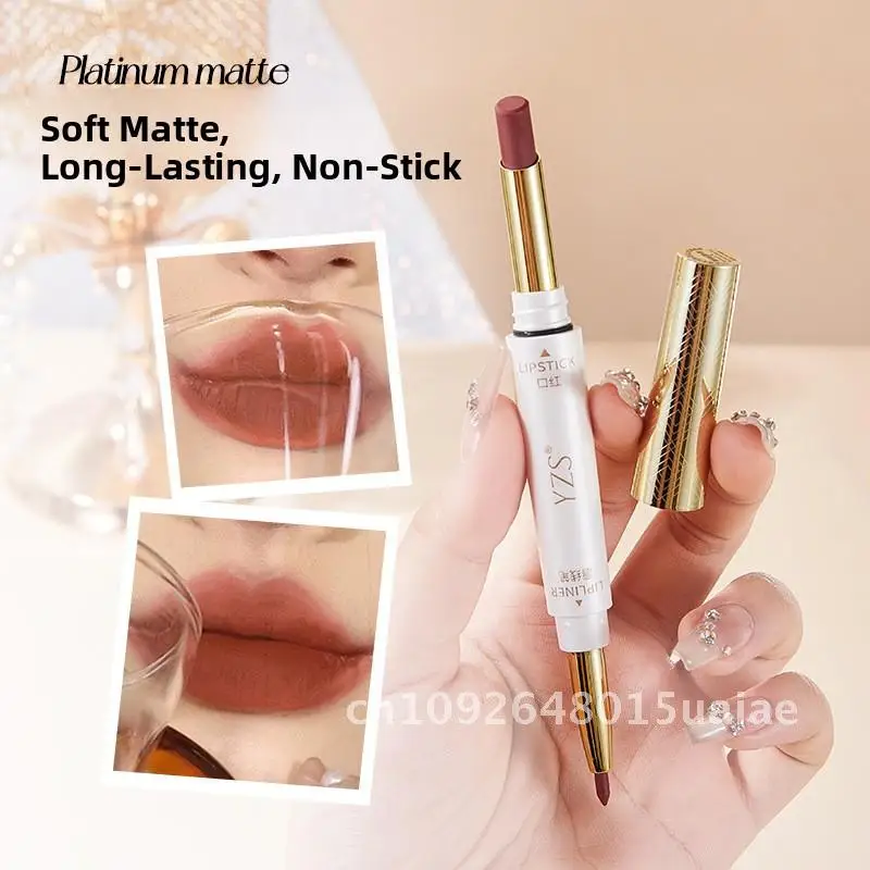 Batom de ponta dupla antiaderente de névoa macia e delineador labial à prova d'água fosco de longa duração branco canela leite chá retrô pimenta caramelo