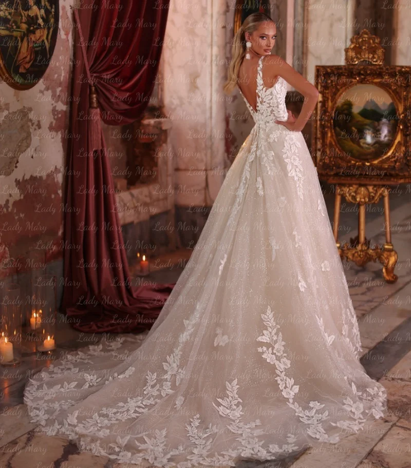 Customized Glitter Wedding Dresses V Neck Lace Applique A Line Bridal Gowns Sweep Train Church Robe De Mariée 2025