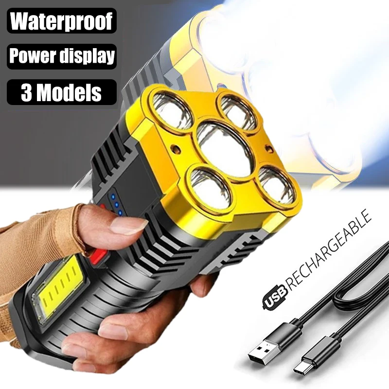 

5 LED Super Bright Flashlight Rechargeable 3 Models Multi-function Waterproof Led Long-range Spotlight Battery Display COB Light