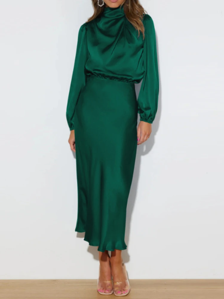 Kleider für Frauen Herbst neue Satin lang ärmel ige lose Kleid elegante Abendkleider hoch taillierte Party eine Linie Vestidos